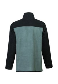 Fleece jack met een zwarte kraag, lange mouwen en een tweekleurig ontwerp: lichtblauw-grijze body met zwarte schouders en manchetten.