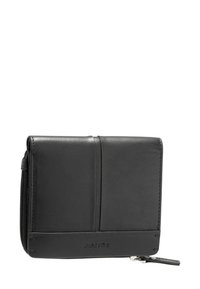Black leather wallet with a smooth texture, minimalist design, and a zip closure. Features a subtle logo and clean lines.