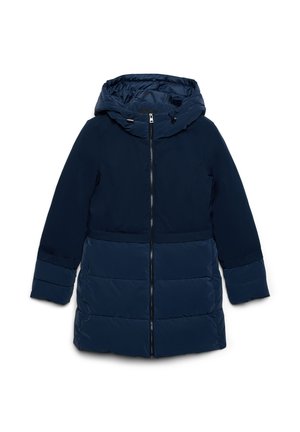 Piumino blu navy con cappuccio, dotato di zip frontale, polsini elasticizzati e design diviso con metà superiore liscia e metà inferiore trapuntata.