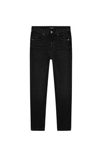 Jeans in denim nero con una vestibilità slim, dotati di cinque tasche, patta con cerniera e dettagli di cucitura minimalisti. Texture liscia, design classico.