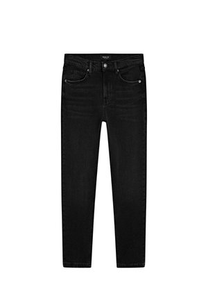 Black denim jeans with a slim fit, featuring five pockets, a zipper fly, and minimalistic stitching details. Smooth texture, classic design.