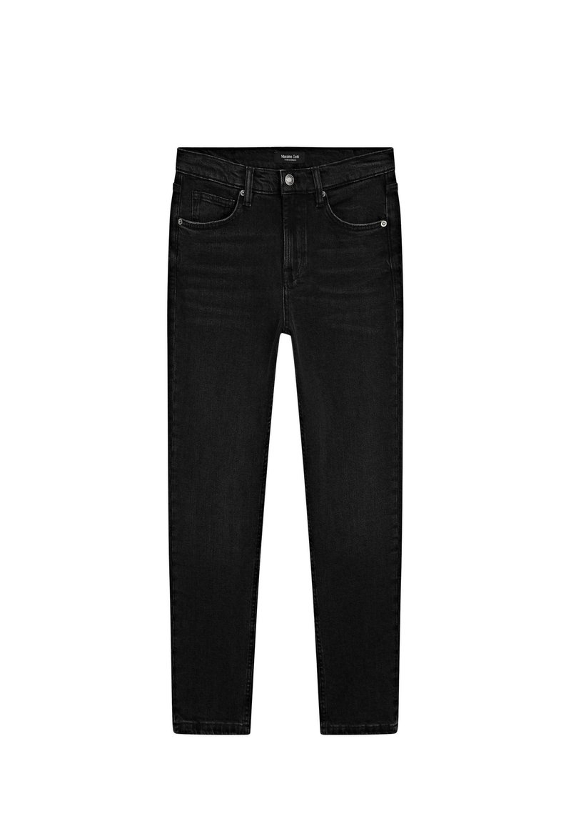 Jeans in denim nero con una vestibilità slim, dotati di cinque tasche, patta con cerniera e dettagli di cucitura minimalisti. Texture liscia, design classico.