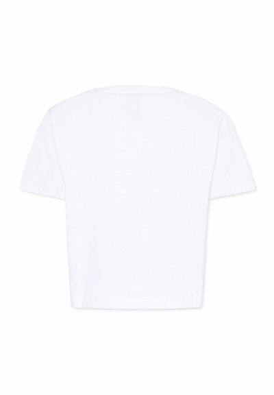 T-shirt blanc uni à manches courtes avec un col rond, présenté de dos sur un fond blanc.