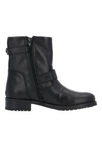 Botín negro de cuero con cremallera lateral, un detalle de correa, suela plana y un acabado ligeramente texturizado. Ideal para un look casual.