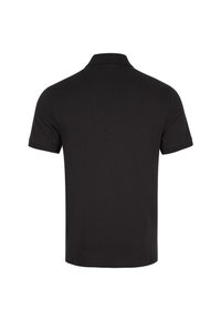 T-shirt polo noir avec un col classique, des manches courtes et une texture lisse. Design simple sans motifs ni accents visibles.
