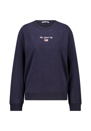Navy blue sweatshirt with "New York City" text and a small American flag embroidered on the chest, ribbed cuffs, and hem.