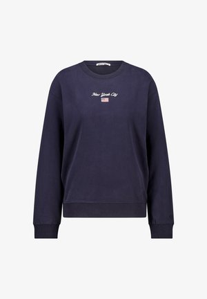 Sudadera azul marino con el texto "New York City" y una pequeña bandera estadounidense bordada en el pecho, puños y dobladillo acanalados.