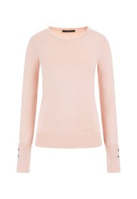 Vaaleanpunainen neulepaita, jossa on pitkät hihat, pyöreä pääntie, resorit hihansuissa, joissa on kolme koristeellista nappia, ja helmassa kirjailtu logo.