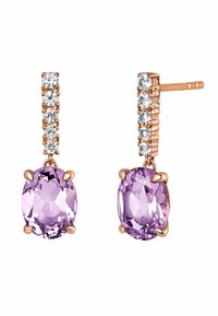 Pendientes de oro rosa con piedras preciosas ovaladas de color púrpura, realzados por piedras redondas transparentes en la parte superior. Diseño elegante con estilo colgante.