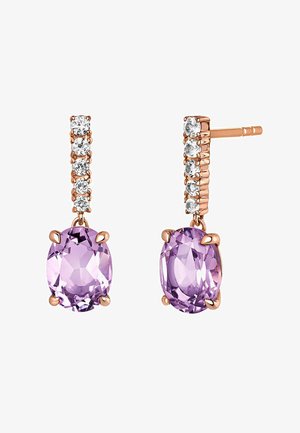 Pendientes de oro rosa con piedras preciosas ovaladas de color púrpura, realzados por piedras redondas transparentes en la parte superior. Diseño elegante con estilo colgante.