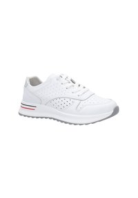Białe sportowe sneakersy z perforowanym wzorem, sznurowane, z szaro-rubberową podeszwą. Posiadają czerwone i czarne poziome paski po boku.