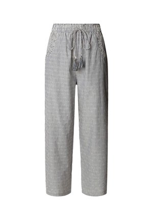 Pantaloni a righe grigie e bianche dalla vestibilità ampia, con cintura elastica, tasche laterali e coulisse con nappine sul davanti.
