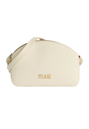 Kleine crèmekleurige crossbodytas met afgeronde bovenkant, gestructureerd oppervlak, gouden ritssluiting en "T CLASSE" logo aan de voorkant.