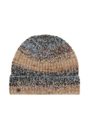 Knitted beanie with mixed yarn in brown, blue, gray, and beige tones, textured loops, and a small round metal logo on the cuff.