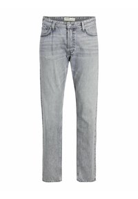 Jeans de mezclilla gris con corte recto, diseño de cinco bolsillos y un acabado desgastado. Presenta un cierre frontal con botón y cremallera.