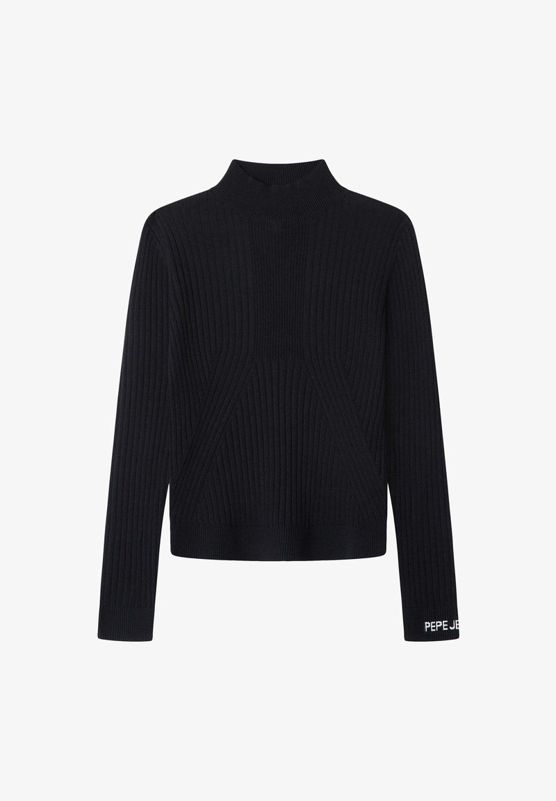 Črn rebrast pulover z visokim ovratnikom in dolgimi rokavi, s teksturno zasnovo in blagovno znamko na manšeti.