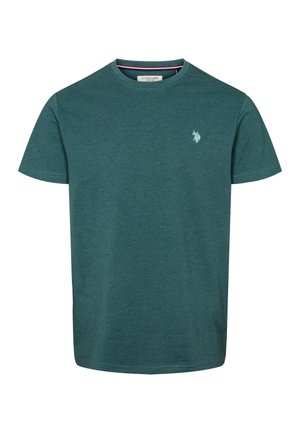 Grünes Baumwoll-T-Shirt mit Rundhalsausschnitt, kurzen Ärmeln und kleinem, auf der Brust eingesticktem Logo. Strukturierter, leichter Stoff.