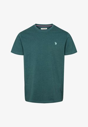 Zielona bawełniana koszulka z okrągłym dekoltem, krótkimi rękawami i małym haftowanym logo na piersi. Teksturowana, lekka tkanina.