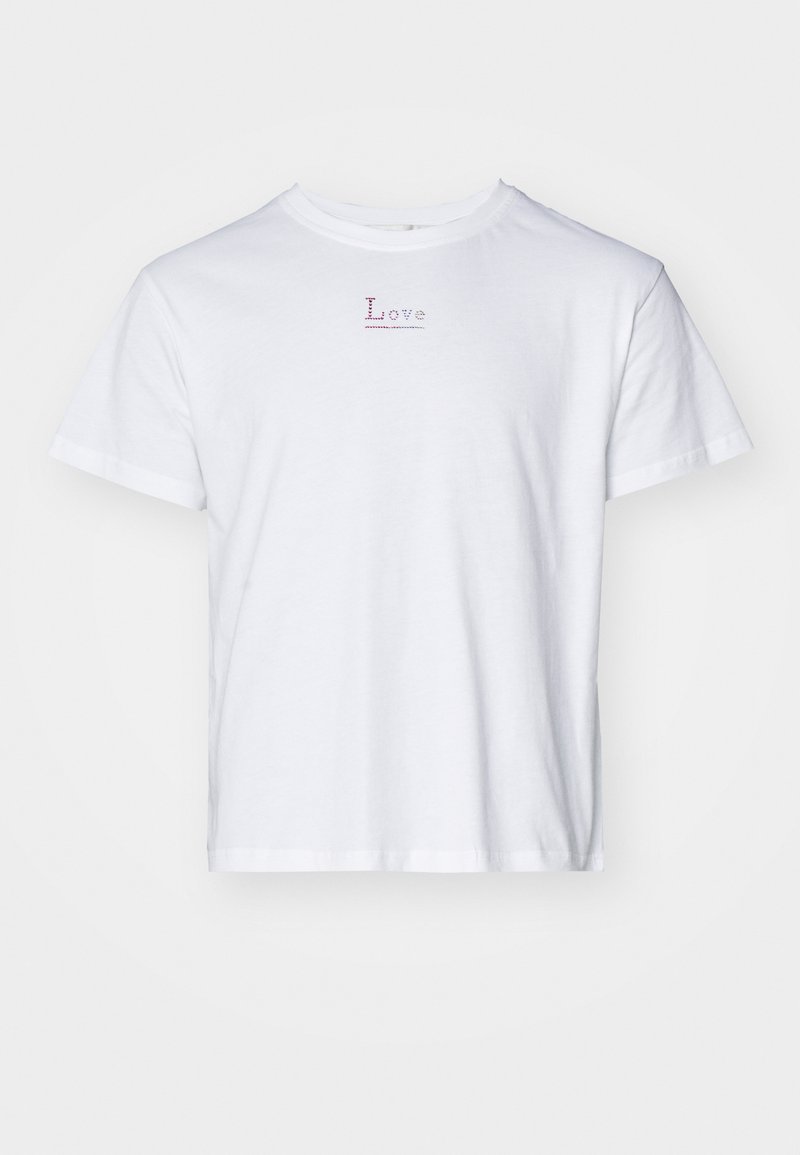 White cotton t-shirt with short sleeves. Features a small "Love" text in pink and red thread above the chest area. Casual fit.