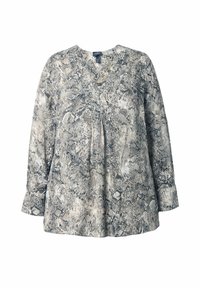 Trykt bluse med lange ærmer i nuancer af grå og creme, med V-hals og slangeskinds mønster med subtil struktur.
