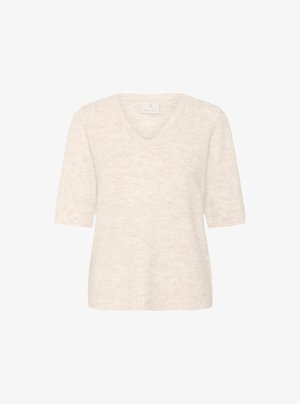 Lichtroze gebreid truitje met korte mouwen en een V-hals. Zachte textuur met een subtiel patroon. Geribbelde zoomafwerking. Geschikt voor casual draag.