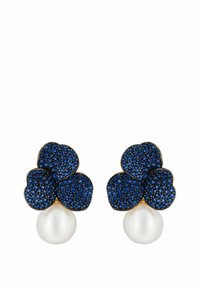 Blue floral earrings with a textured design, featuring small gemstones, and a white pearl drop accent. Gold-tone metal outline.