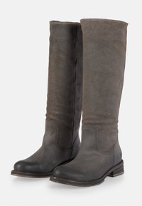 Botas de ante gris hasta la rodilla, con un acabado ligeramente Texturizado, puntera redondeada y tacón bajo apilado; presenta detalles cosidos a lo largo de los lados.