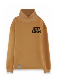 Brun sweatshirt med hög, ribbad krage och långa ärmar. Den har ett svart "STAY COOL"-tryck på framsidan och en märkning nertill.