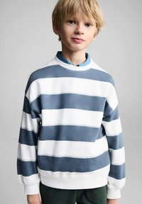 Felpa a righe bianca e sfumature di blu, con colletto rotondo, spalle abbassate e polsini a coste. Indossata sopra una camicia con colletto.