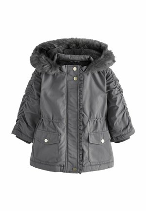Veste d'hiver grise pour enfants avec capuche en fausse fourrure, pressions, poches avant et manches froncées, conçue pour temps froid.