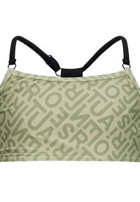 Bra sportivo in tessuto verde chiaro con un motivo geometrico ripetuto. Ha spalline nere regolabili e una chiusura posteriore sicura.