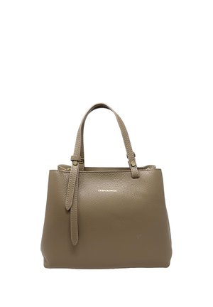 Borsa in pelle testurizzata color taupe con doppi manici superiori e un piccolo logo in oro "CHICCABORSE" al centro anteriore.