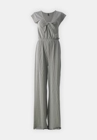 Combinaison grise à rayures avec des manches courtes, un nœud à l'avant et une taille élastique. Elle présente un pantalon large et une coupe décontractée.
