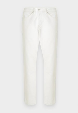 Jeans en denim blanc à coupe droite. Comprend cinq poches, une fermeture à bouton et des passants de ceinture. Texture lisse et design épuré.