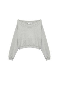 Szara krótka bluza z szerokim dekoltem, długimi rękawami, ściągaczami i miękką teksturą. Minimalistyczny design bez widocznych wzorów czy akcentów.