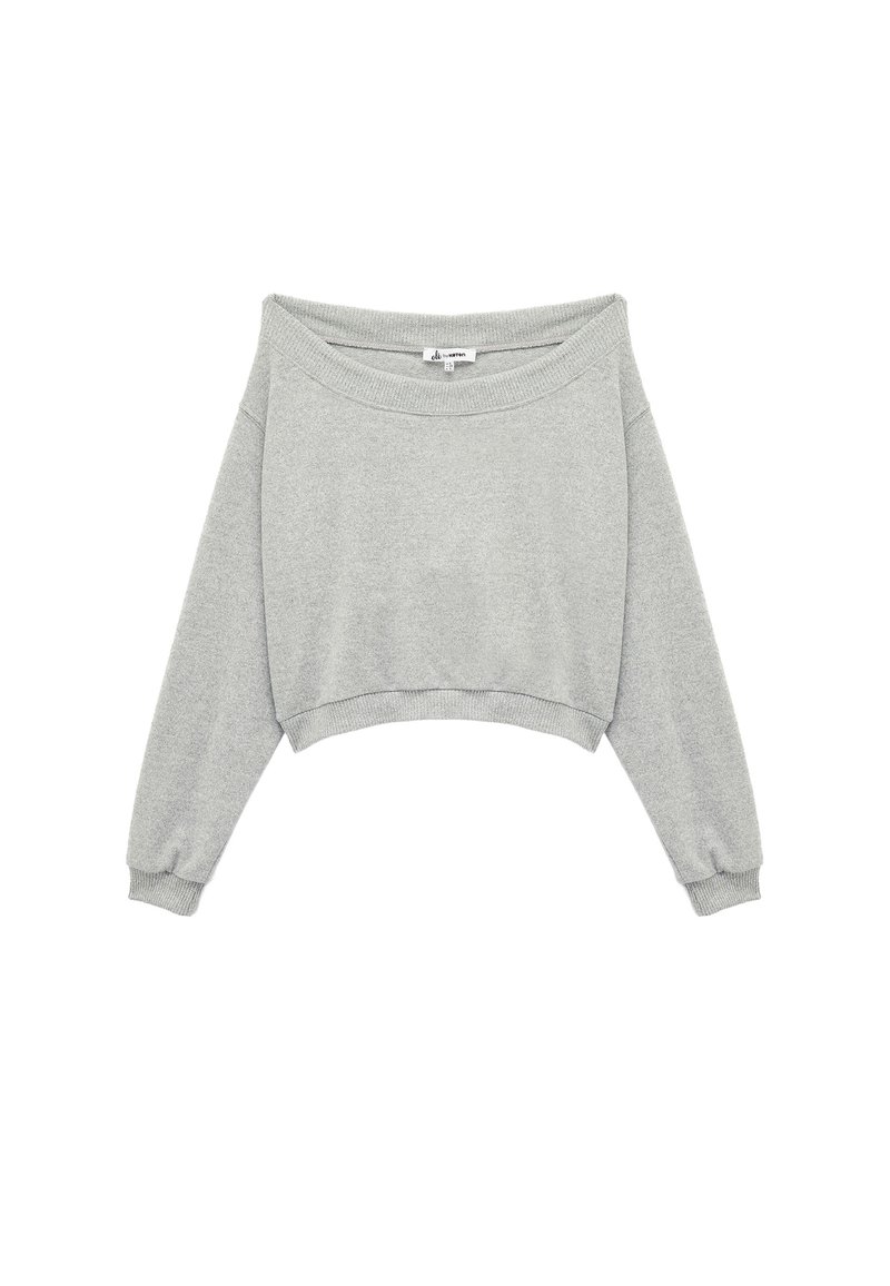 Szara krótka bluza z szerokim dekoltem, długimi rękawami, ściągaczami i miękką teksturą. Minimalistyczny design bez widocznych wzorów czy akcentów.