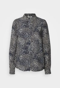 Navy blouse with a button-down front, long sleeves, and a pan-toned dot pattern. Made from a smooth fabric with a slight sheen.