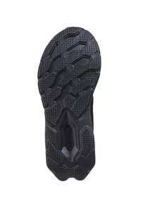 Zwarte rubberen schoenzool met een getextureerd profielpatroon met hexagonale en driehoekige vormen voor grip. Voorzien van gegraveerde merknaam.