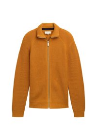 Orange gerippter Reißverschluss-Pullover mit hohem Kragen, durchgehendem Reißverschluss und langen Ärmeln. Textilstruktur mit enger Passform am Saum und an den Bündchen.