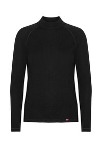 Maglietta nera a maniche lunghe con collo alto, realizzata in tessuto morbido. Presenta maniche raglan e un piccolo dettaglio a bandiera all'orlo.