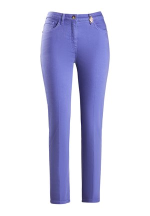 Lilac cotton blend jeans with a straight cut, featuring a front button closure and belt loops. Includes side pockets and a smooth texture.