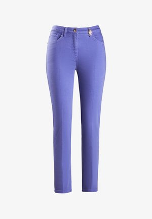 Lila Baumwollmischung Jeans mit geradem Schnitt, ausgestattet mit einem Knopfverschluss vorne und Gürtelschlaufen. Enthält Seitentaschen und eine glatte Textur.