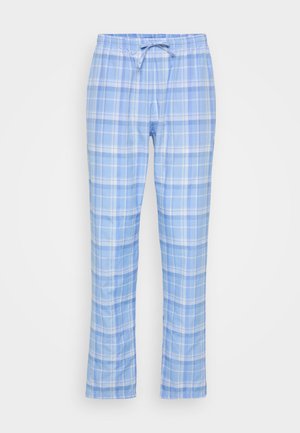 Light blue plaid lounge pants feature an elastic waistband with a drawstring, made of soft fabric for comfort.