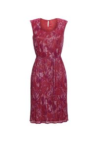 Rotes blumengemustertes Kleid mit kurzen Ärmeln, taillierter Taille und einem Schlüsselrücken-Detail. Der Stoff hat einen leichten Schimmer und eine weiche Textur.