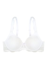 White bra with lace trim, smooth padded cups, adjustable straps, and a front clasp. Lace detailing on sides adds texture and design.