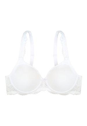Witte bh met kantdetails, gladde gepAdded cups, verstelbare banden en een sluiting aan de voorkant. Kantdetails aan de zijkanten voegen textuur en design toe.