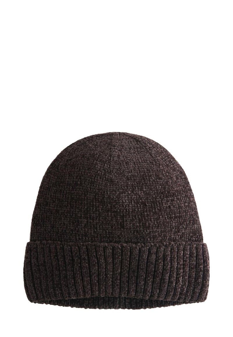 Berretto lavorato a maglia in marrone scuro. Sommità rotonda con risvolto a coste. Realizzato in tessuto strutturato, offre calore e una vestibilità aderente.