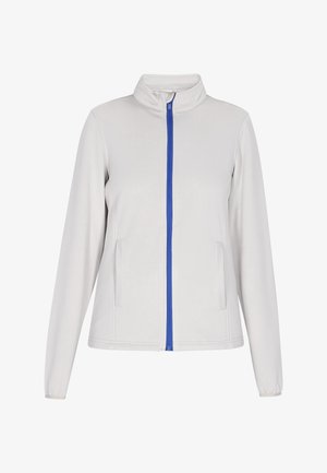 Lichtgrijze zip-up jas met blauwe rits, hoge kraag en zijzakken. Gemaakt van glad, rekbaar materiaal en heeft lange mouwen.