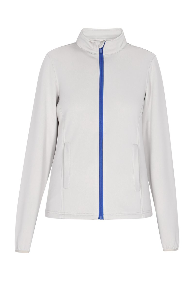Giacca zip-up grigia chiara con cerniera blu, colletto alto e tasche laterali. Realizzata in un tessuto liscio e elastico, presenta maniche lunghe.