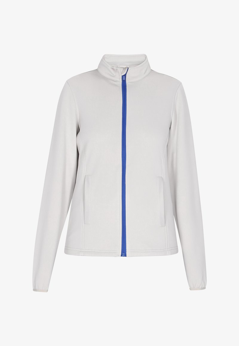Világosszürke zipzáros dzseki kék zipzárral, magas gallérral és oldalsó zsebekkel. Simá, rugalmas anyagból készült, hosszú ujjaival.